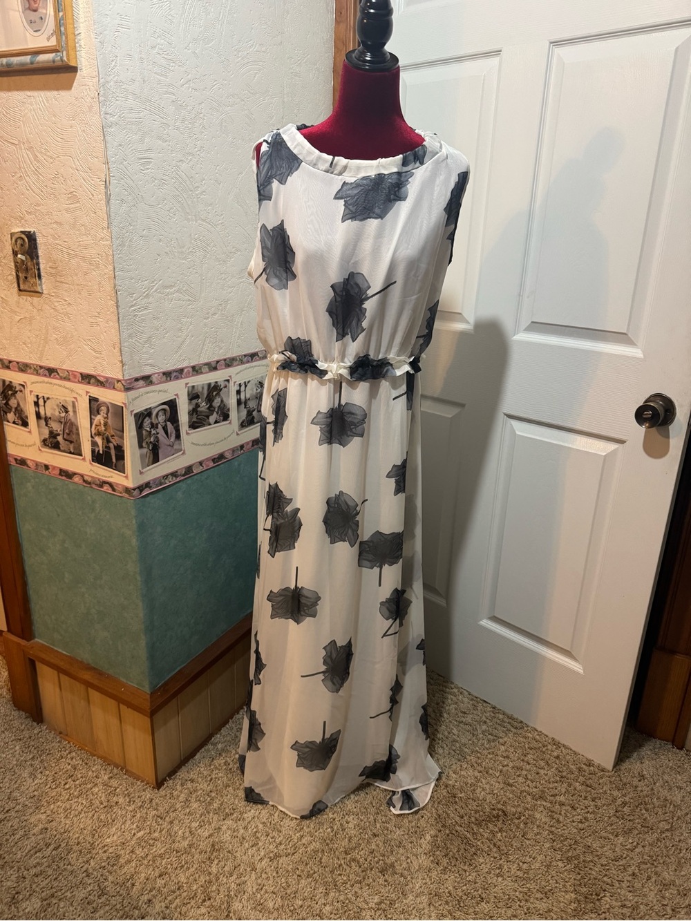 Angvns Women’s White Maxi Dress with Black Floral Print